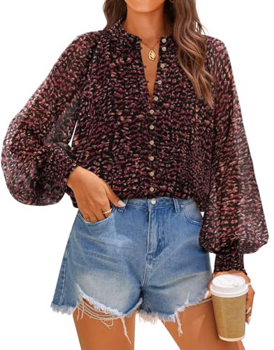 ZESICA Women's Floral Print Blouse 2026 Long Sleeve Button Down Casual Spring Summer Boho Oversized Tops Shirts Wine Red Medium