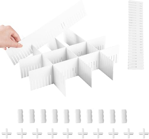 20 Stück Schubladentrenner mit 10 Befestigungen, wickelkommode organizer, schubladentrenner verstellbar, Schubladenorganisator Weißer Trenner für Büro, Küche oder Schlafzimmerschubladen (Weiß)