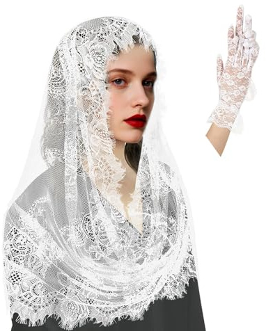 Voile Dentelle, Gants Dentelle, Voile d'église Mantille Catholique, Ants d'Halloween, Voiles Mantille, Accessoires de Déguisement Parfaits pour Halloween, le Cosplay et les Mariage Mariée(Blanc)