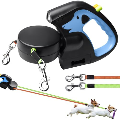 Dubbla infällbara hundkoppel, 3 m utdragbart dubbelhundkoppel med LED-ljus, robust husdjurskoppel, dubbel hundlead, 360 graders vridfog, rullkoppel för små hundar upp till 10 kg, kungsblå
