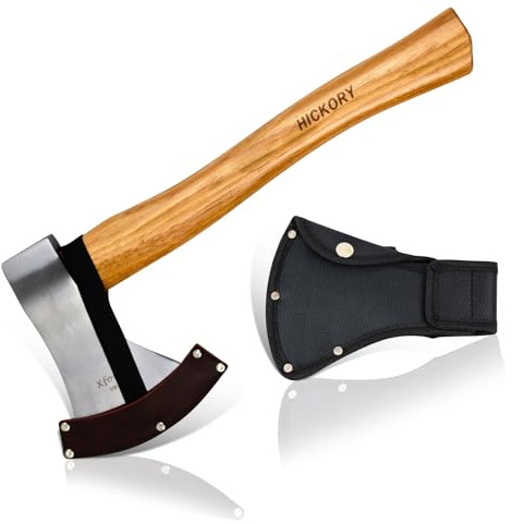 Xforst Ascia X-UW800 – Ascia da 800 g in Acciaio al Carbonio Forgiato con Manico in Legno di Hickory – Include 2 Coprilama (Pelle PU + Tessuto Oxford con Clip da Cintura) – Conforme DIN 5131 / TÜV GS