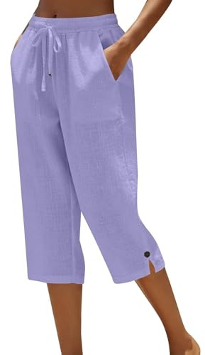 Pantacourt Femme Grande Taille Été Pantalon de Sport 3/4 en Coton et Lin Pantalon de Jogging Léger avec Poches Taille Élastique avec Cordon Bouton à la Cheville Décontracté pour Yoga Randonnée