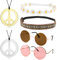 Hippie Kostüm Set 6 Stück Hippie Kostüm Accessoires Vintage inkl. 2 x Hippie Brillen, 2 x Peace Ketten, 1 x Gänseblümchen Haarband und 1 x Böhmen Stirnband für 60er 70er Jahre Outfit Damen und Herren