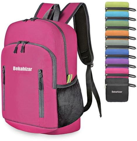 Bekahizar Rucksack, faltbar, 20 l, ultraleicht, Wanderrucksack, kleiner Reiserucksack für Männer, Frauen, Kinder, Outdoor-Sportarten, Rosa, Large