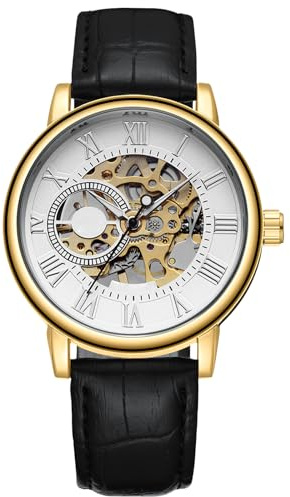 RORIOS Orologio Uomo Orologio Meccanico Automatico Luminoso Pointer con Cinturino in Pelle Scheletro Orologio da Polso