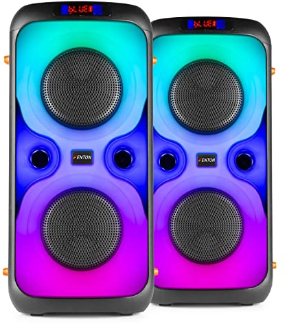 Fenton BoomBox440 Set, 180 Watt, 2X Party Lautsprecher mit Lichteffekt, Akku Musikbox, Bluetooth Lautsprecher, Karaoke Anlage, LED Partylautsprecher Partybox, MP3 Player