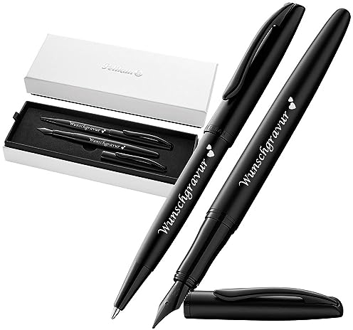 Pelikan Füller & Kugelschreiber Jazz® Noble Elegance im Set mit Wunschgravur | inkl. Geschenkeuti | Emoji Gravur | Carbon Schwarz Schreibset mit Gravur PS200