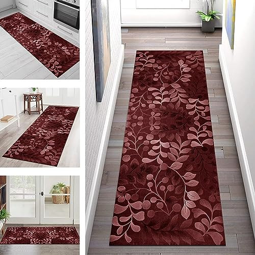 Teppich Läufer Lang Flur Küche rutschfest waschbar Korridor Tepiche Küchenläufer 90X500CM Rot Blumen Teppichläufer Matte Meterware Kücheteppich für Schlafzimmer Wohnzimmer Flurmatten Breit 40-120cm