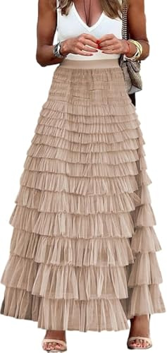 Maxi Skirts Long Tulle Skirt Women Layered Tiered Tulle Maxi Skirt Mesh A Line Flared Elastic Waist Party Skit Long Cake Skirt Lightweight and Comfy Stylish Long Skirt(Khaki,Large)