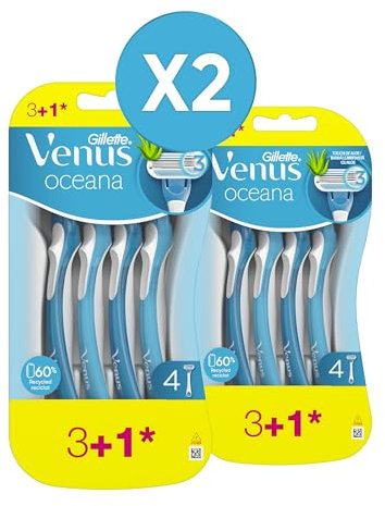 Gillette Venus Oceana Rasoio Donna 3 Lamette di Ricambio + 1 Gratis (da 3 Lame), Rasatura Liscia con Striscia Idratante Aloe Vera, Usa e Getta, idea regalo (Confezione da 2)
