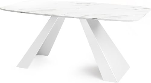 WFL GROUP Esstisch Monte Weiß im Modern Stil, Rechteckiger Tisch in Weißer Marmoroptik - Ausziehbar von 160 cm bis 200 cm, Pulverbeschichtete Weiße Metallbeine - 160 x 80 cm - Marmor Weiß