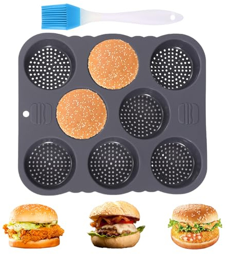 Tefola Burger Buns Backform, Antihaft Silikon, Brötchenform mit 8 Rillen, Rund 8cm Ø, Brötchen Backform Küche, für Brot, Burger Buns und Muffins, Kleinere Torten (8 Löcher)