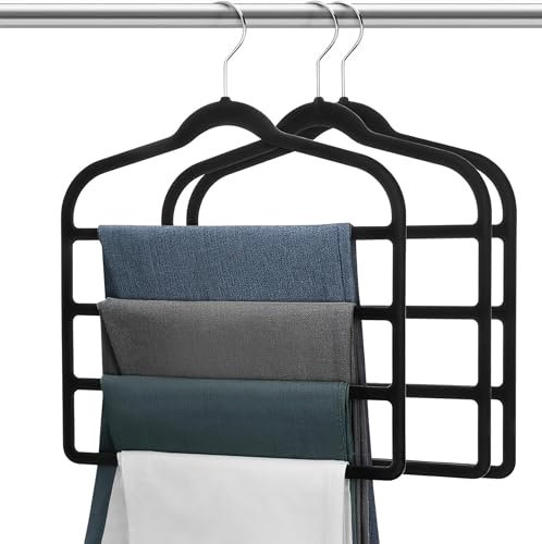 4-Layer Non-Slip Velvet Trouser Hangers - Space Saving Organisers for Pants, Jeans, Scarves & Towels with Rotating Hook (Black)