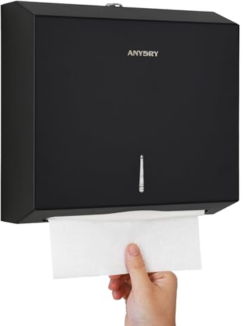 anydry Dispensador de Toallas de Papel de Montaje en Pared – Capacidad 250 Hojas, Acero Inoxidable Cepillado, bloqueable, multifold/Z-Fold (tamaño Plegado ≤ 27 cm x 10 cm)（Negro Mate）