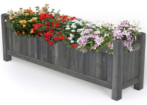 Vivo Technologies Extra Large Rectangular Wooden Planters Outdoor Garden Planter Box Planting Raise Bed Plants Flowers Plant Pot Natural Long Wood Pot,90x20x31 cm, Grey
