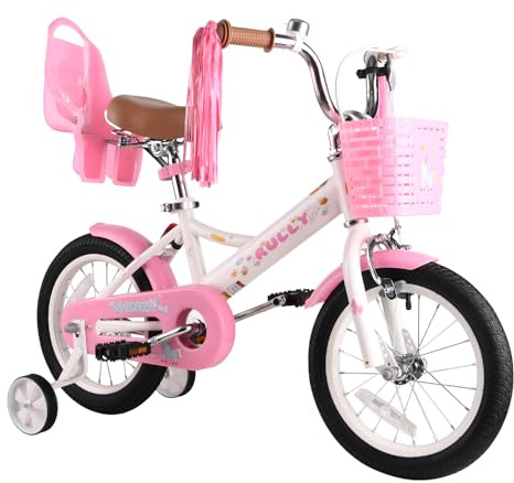 RULLY 16 Inch Kids Bike for 4 5 6 7 Years Girls with Training Wheels & Front Handbrake, Kids Bicycle with Basket Bike Streamers Toddler Cycle Bikes, White
