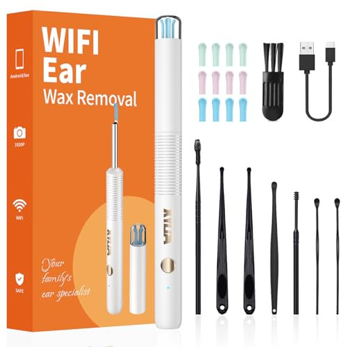Xylla Otoscopio Pulizia Orecchie con Telecamera Ultra HD 1920P 3,5mm,Endoscopio Professionale WIFI Con 6 Luci LED,Pulizia Orecchie Impermeabile IP67,Compatibile con Android e IOS (Bianco)