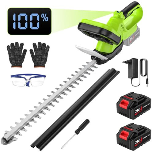 Cortasetos Bateria, Cortasetos inalámbricos con 2 x 3.0 Ah Baterías, Interruptor de Seguridad, 500W Motor sin Escobillas et Hoja de Doble Filo, 55cm Longitud de Corte, Pantalla LCD de Nivel de Batería