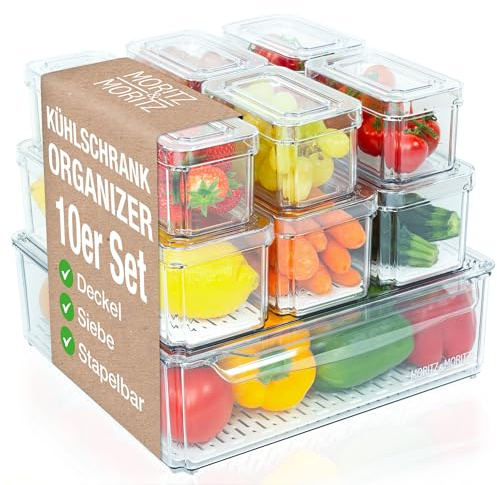 Moritz & Moritz Confezione da 10 organizer per frigorifero con coperchio, impilabili, contenitori per frigorifero, trasparenti, robusti, per cucina, cassetto