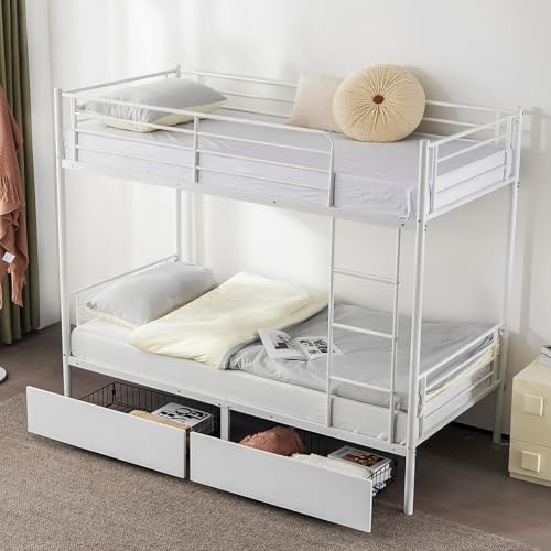 Karl home Heavy Duty Metal Bunk Bed Frame with 2 Large Drawers, White