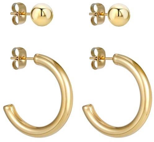 BONNYBIRD® Creolen Gold Ohrringe Damen Edelstahl Wasserfest Medizinische Ohrstecker Vergoldet Hypoallergen Chirurgenstahl Nickelfrei Schmuck Set Stecker Goldschmuck Damenohrringe Elegant Hoops Frauen