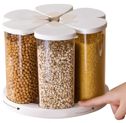 Dispensador de cereales – Dispensador de cereales giratorio, contenedor de arroz, organizador de 6 compartimentos para harina, azúcar, legumbres, caramelos, aperitivos, despensa de cocina