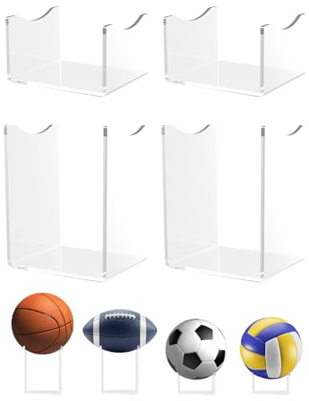 IntreLife Acrylic Football Stand Display Set, 4 Pack Clear Ball Holder for Football, Basketball, Soccer Ball, Volleyball – 2 Tall & 2 Short Sports Ball Display Stand for Shelves, Desk & Room Decor