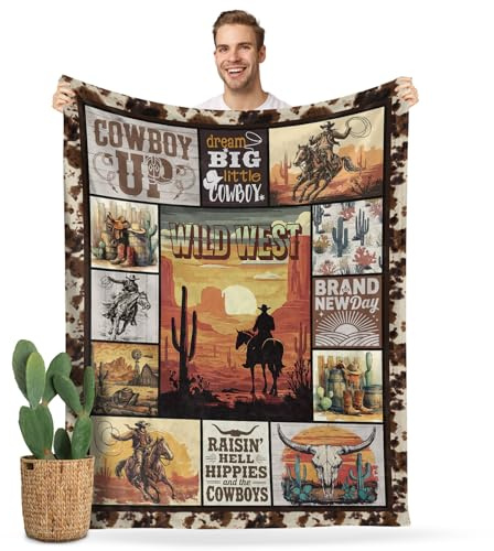Western Throw Blanket for Couch & Bed - 50x60 Inch Soft Lightweight Flannel, Cowboy and Desert Landscape Design for Ranch, Cabin, Southwestern Gift