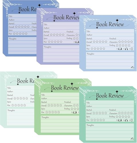 6 set bokrecension klisterlappar för läsning spårning 7,5 x 7,5 cm tillbaka till skolan mini färgglada roliga kontorsanteckningsblock 300 sidoläsare spårare klisterkuddar för studenter lärare kvinnor