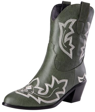 Generisch Bottines d'équitation western pour femme - Courtes - Avec broderie - Pour costume traditionnel - À enfiler - Avec talon bloc - Bottes de transition décontractées, vert, 45 EU