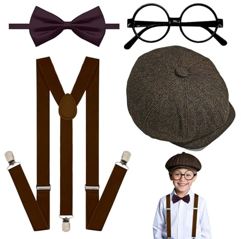 GZJINYUAN 4Pcs Boys Suspenders Bowtie Sets with Black Glasses Vintage Newsboy Cap for Boys Girls Wedding 1920s Costume Accessories(Brown)