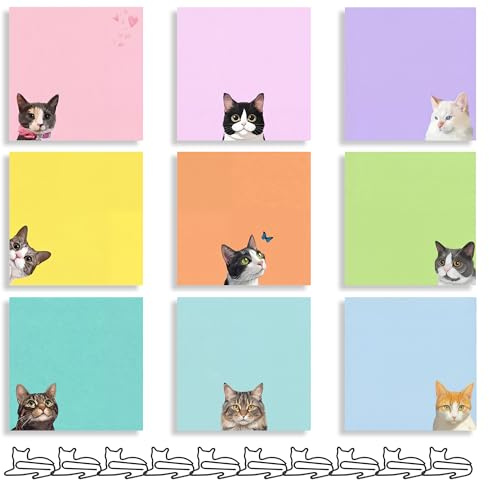 9 Blöcke Katze Haftnotizen Set, Bunte Katze Klebezettel Lustig mit 10pcs Katzen Büroklammern, Haftnotizen Lustig für Büro, Schule, Zuhause, Notizzettel Klein und Kreatives Design Praktisch