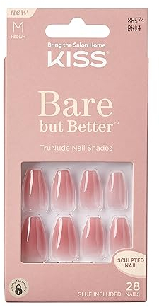 KISS Bare-But-Better Press On Nägel - Nude Nude Rosé nude lang Mandel Coffin Form - 28 Press On Kunst-Nägel zum Aufkleben DIY, 2g Nagelkleber, 1 Maniküre-Stäbchen, 1 Mini-Feile