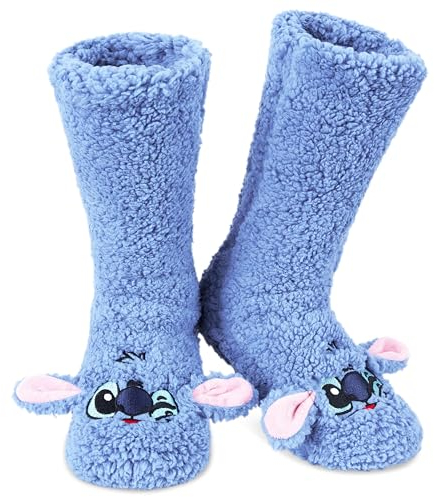 Disney Antirutschsocken Damen mit 3D-Ohren, One Size ABS Kuschelsocken Damen Antirutsch Haussocken Winter Frauen Geschenke (Blau Sherpa Stitch)