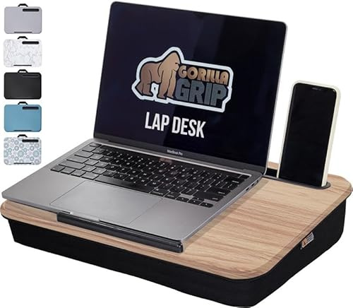 GORILLA GRIP Laptop Lap Desk with Phone Holder, Pillow Cushion Desks Fit Laptops up to 15.6, Gifts for Home, Portable Travel Workstation, Tray Ledge Keep Computers in Place, Light Wood Color