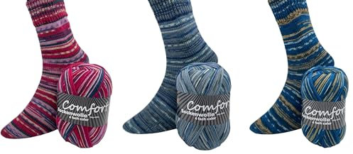 H&W Vertrieb Sockenwolle Strumpfwolle Comfort Color 4-fach Set - verschiedene 3x100g Sets zur Wahl - Wolle zum Stricken modischer Socken