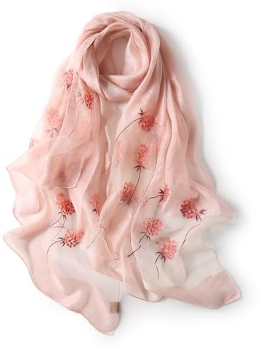 Anvevkn Women's Silk Embroidered Scarf Lightweight Shawls and Wraps for Weddings Fashion Elegant Pashmina Shawl Embroidered Scarves(B-Pink)