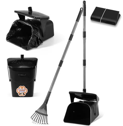 Ulugt Stainless Steel Dog Pooper Scooper,40 Long Handle Swivel Bin and Rake,20 Waste Bags - Heavy Duty Portable Metal Poop Scooper for Large,Medium and Small Dogs