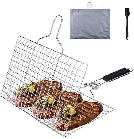 Fish Grilling Basket, Stainless Steel BBQ Grill Basket, Folding Portable Grill Basket with Removable Handle for Grilling Fishes, Vegetables, Shrimp with Basting Brush and Storage Bag