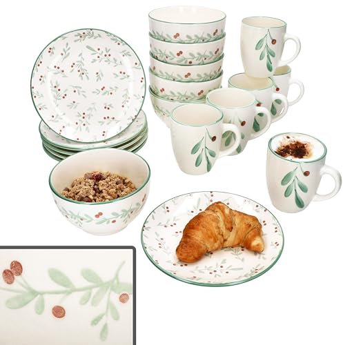 MamboCat Holly Service à petit-déjeuner 18 pièces I 6 petites assiettes à petit-déjeuner, bol à céréales et tasses à café pour 6 personnes avec décor gui I Noël