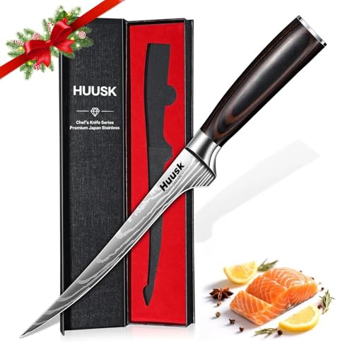 Huusk Filet Knife for Fish - 7 Inch Fish Fillet Knife with Wood Handle, Flexible Boning Knives for Meat Cutting, Professional Japanese Fishing Knives for Meat Poultry Cutting, Christmas Gifts for Men