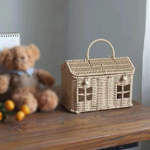 Panier décoratif en forme de maison avec couvercle, tissé à la main, poignée pliable, panier en osier naturel pour pique-nique, organisation et rangement Pâques