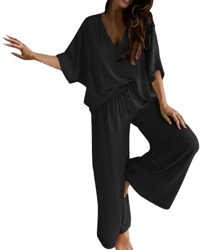 Ensembles de vêtements de détente pour femmes UK - Hauts tunique évasés à manches mi-longues et col en V et pantalons longs à jambes larges - Ensembles coordonnés pour dames - Ensemble pyjama doux et