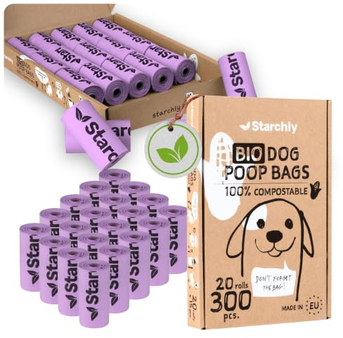 Starchly 300 Stück Hundekotbeutel biologisch abbaubar - 20 Rollen Kotbeutel für Hunde - Bio, Kompostierbare Beutel aus Maisstärke - 15 pro Rolle - Reißfest, Auslaufsicher, lila - MADE IN EU