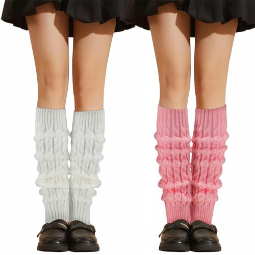 wlertcop 2 Paar Stulpen Damen Lange Gestrickt Beinwärmer Beinstulpen Damen Leg Warmers Stulpen Kinder Winter Beinwärmers Warm Langer Beinwärmer Crochet Stricken Stulpens für Ballet (2, Rosa + Weiß)
