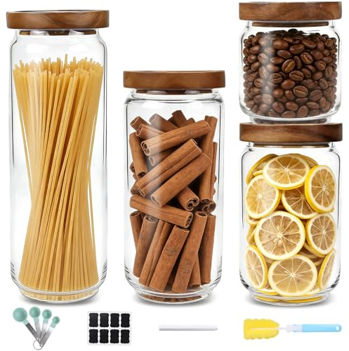 CxutSa 4 Pezzi Barattoli di Cucina in Vetro con Coperchio in Legno Contenitori Pasta Vetro 450ml/740ml/1000ml/1300ml per Alimenti, Pasta, Cereali, Legumi, Caffè