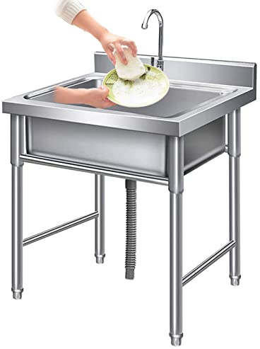 Lavello resistente autoportante extra profondo con rubinetto, per garage, cucina, ristorante, lavanderia, durevole vasca per lavanderia, color argento (50 x 80 cm)