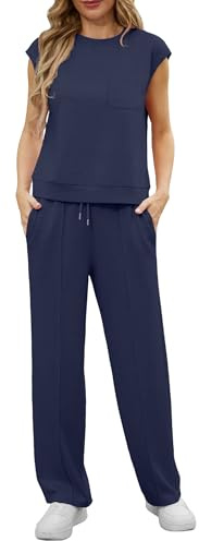 GRECERELLE Survêtement deux pièces Femmes Tenues d'été Ensemble Casual Crew Neck Cap Sleeve Tops et jogging Survêtements avec poches