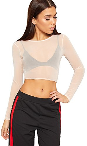 WearAll Womens Sheer Mesh Crop Top Ladies Long Sleeve Crew Neck Plain Stretch New - Nude - 12-14