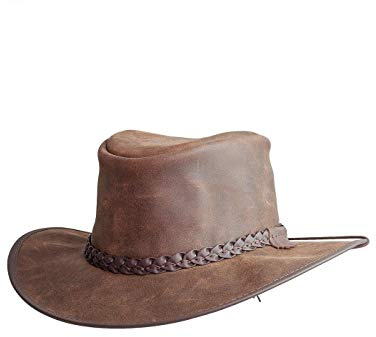American Hat Makers Crusher Premium Brown Leather Australian Outback Hat for Men and Women, Aussie Australian Western Cowboy Style, UPF50 Wide Brim, Waterproof Oilskin, Crushable and Packable | XL